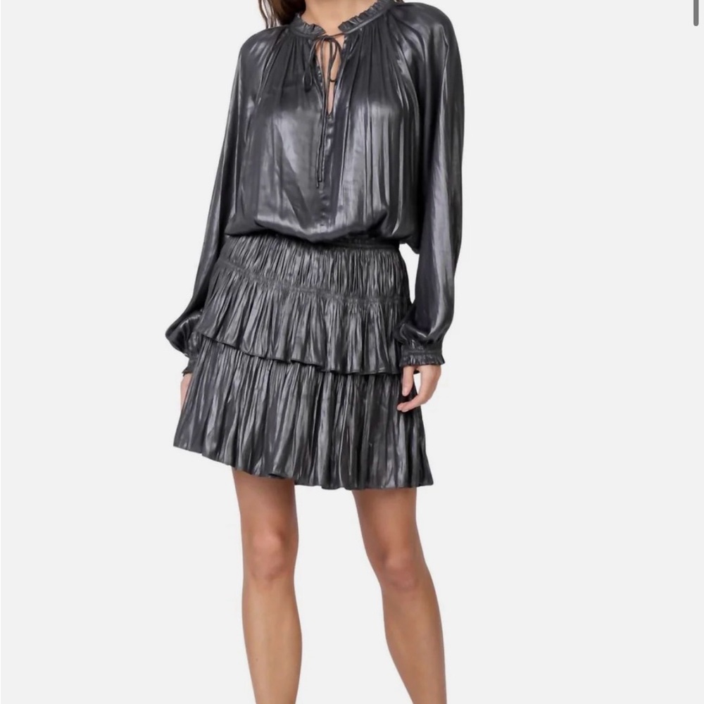 Pookie & Sebastian- Metallic Charcoal Tiered Ruffle Mini Dress